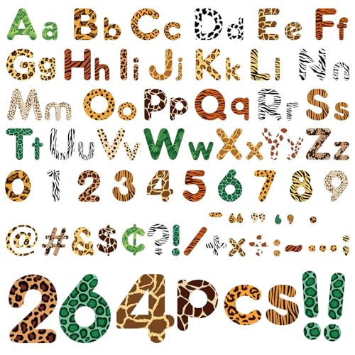 Juego de 264 letras para tablón de anuncios de la selva de safari, decoraciones impresas de animales de la selva, letras de tablón de anuncios, números, símbolo de puntuación, recortes del alfabeto,