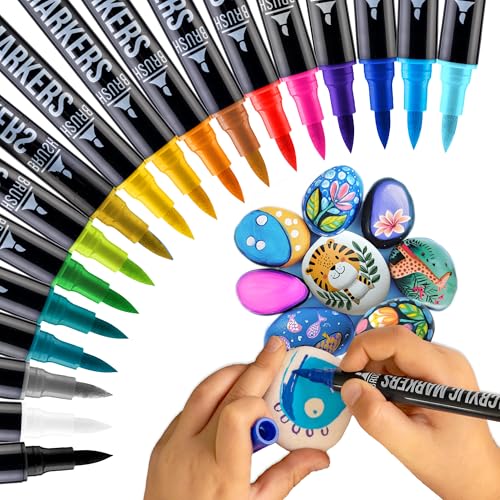Zenacolor 18 Acrylstifte für Steine wasserfest mit Doppelspitze (feine Spitze und Pinsel) - Acrylstifte verschiedene Oberflächen - Multimarker Acryl