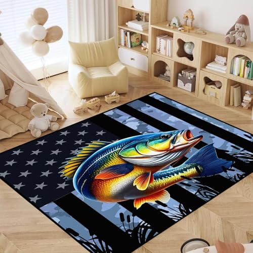 4' x 6' Bass Fish Area Rug for Kids American Flag Camouflage Carpet for Nursery Hallway Laundry Room Classroom Bedroom Playroom Non Slip Throw Rug, 47