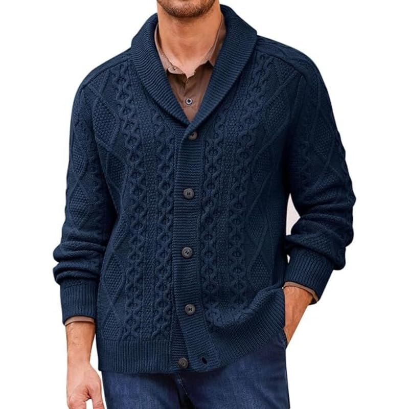 ftk Men's Cable Knit Shawl Collar Cardigan Sweater with Buttons for Autumn and Winter-picture-25
