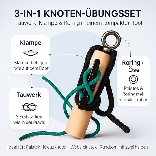 Knoten Übungsset Seemannsknoten Knoten−Floh – Knotentrainer aus Holz mit Klampe und Tauwerk, für Bootsführerschein SBF See & SBF Binnen, inkl. Knotentafel und Anleitung (SW/Grün)