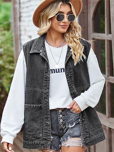Image of PAODIKUAI Women's Oversized Denim Vest - Sleeveless Distressed Jean Vest with Pockets for Casual Layering