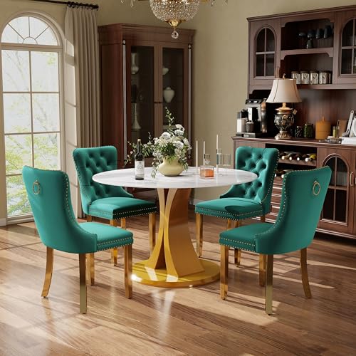 Image of 5-Piece Dining Table Set with 39In Faux Marble Table and 4 Velvet Upholstered Chairs, Modern Scandinavian Furniture for Dining Room Kitchen(Green&Gold)
