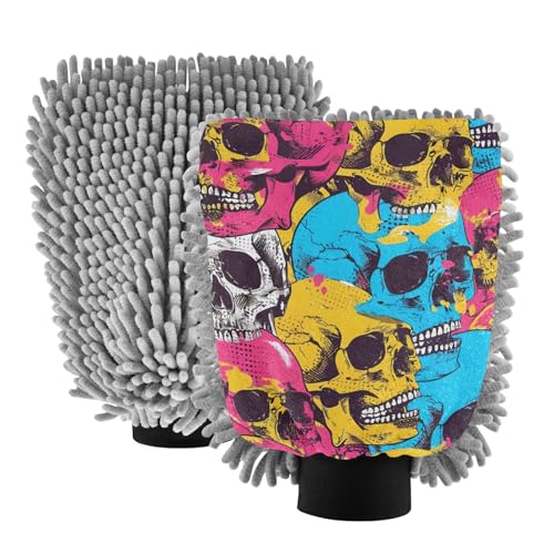 IOACIY Absorbent Microfiber Car Wash Drying Mitts, 2 Pack, Scratch-Free & Lint-Free, Rich Foam, Highly Absorbent, Double Sided, Wash Mitt Perfect for Car Washing, L, Skull (1)