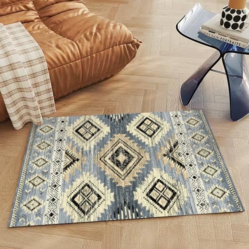 Image of Washable Boho Entryway Rug 2' x3' Small Western Rug Blue White Colorful Color Geometry Door Mat Indoor Entrance Non-Slip Soft Oriental Vintage Carpet Kitchen Entryway Bedroom Corridors Indoor