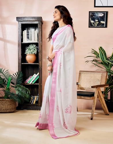 Image of SIRIL Women's Printed Cotton Linen One Minute Ready to Wear Saree With Unstitched Blouse Piece
