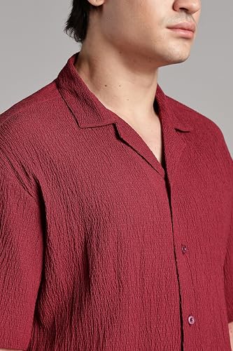 Image of FYLTR Men's Solid Textured Relaxed Fit Shirt - Half Sleeves | Cuban Collar | Comfortable Fit | Summer Shirts