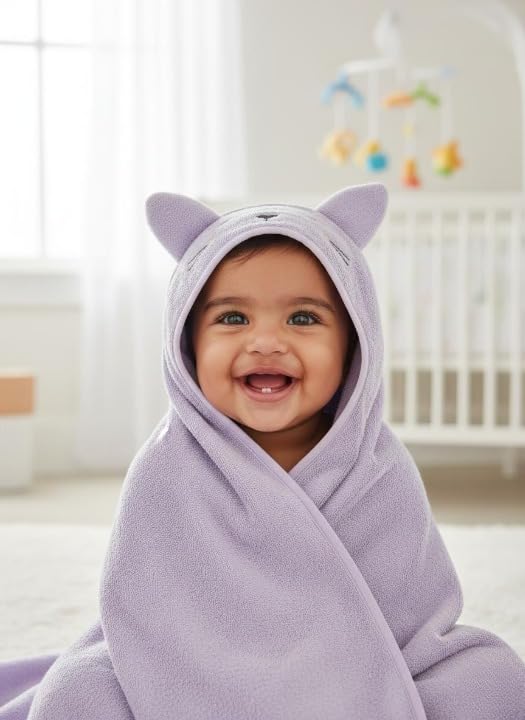 Image of Masilo 100% Cotton Hooded Towel /Ideal for Babies 0-18months / Luxurious and Super Absorbent Baby Towel /Infant to Toddler Wrap Towel with Hood /Soft, Lightweight and Breathable /Kitten /Purple