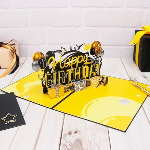 image for Ribbli Birthday Card 3D Black and Gold Pop up Happy Birthday Cards for