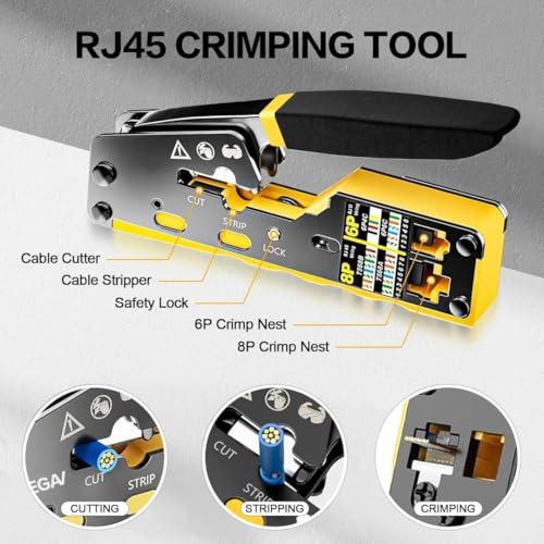 Image of COOLCOLD RJ45 Crimping Tool for Cat6 /Cat5e /Cat5 Ethernet Cable | Pass Through Network Crimper with Wire Stripper, 5 Cat6 Connectors & 5 Boots | LAN Cable Crimp Tool for Router & Networking Repair