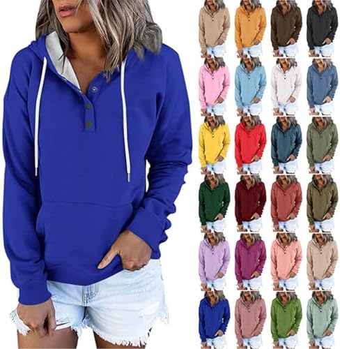 Womens Button Drawstring Y2k Hoodie Drop Shoulder Baggy Hooded Sweatshirt Lightweight Pullover Fall Clothes w/Pockets