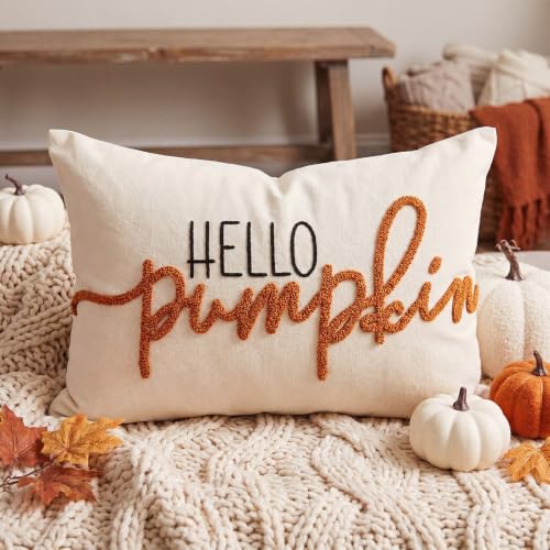Boao Fall Pumpkin Pillow Covers 12x20 Autumn Hello Pumpkin Lumbar Pillow Case Chenille Knit Embroidery Patchwork Orange Autumn Harvest Thanksgiving Decor Throw Cushion Case for Home Bedroom Sofa Couch