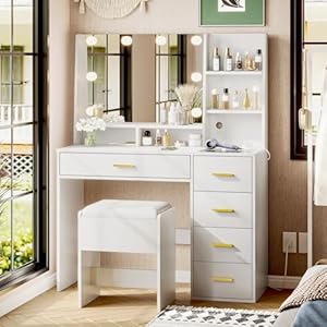 AOGLLATI Makeup Vanity Set with Lights, Vanity Desk with Mirror and Lights, White Vanity Table with Cushioned Stool, Makeup Desk with Charging Station, Visible Drawers, Open Storage Shelves
