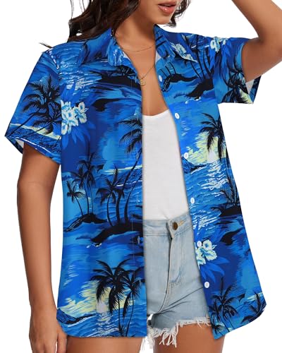 Image of Women Hawaiian Shirt Button Down Summer Tops Beach Short Sleeve Blouse