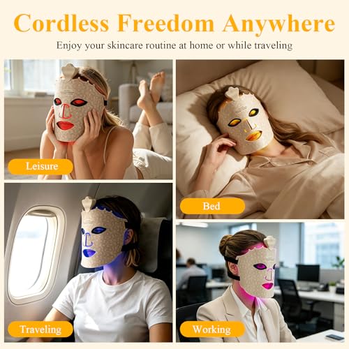Red Light Therapy for Face, Cordless 7 Color LED Face Mask, Rechargeable 240 LED Beads Facial Light Mask with Eye Protection, Soft Silicone Portable Face Mask for At-Home & Travel Use, Brown — view 6