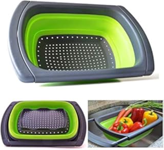 JmeGe Sieb Zusammenklappbares Klappsieb über dem Waschbecken Seiher Gemüse/Obst Siebsieb mit ausziehbaren Griffen - Klappsieb für die Küche(Grün)
