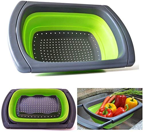 JmeGe Sieb Zusammenklappbares Klappsieb über dem Waschbecken Seiher Gemüse/Obst Siebsieb mit ausziehbaren Griffen - Klappsieb für die Küche(Grün)