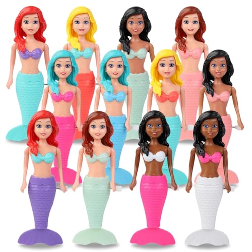 Mermaid Bath Toys for Toddlers Kids Girls - Princess Wind Up Tail Flap Floating Water Bathtub Toys, Swimming Pool Bathing Time Fun (12 Pack)