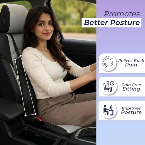 Image of Billebon Car Seat Back Support Cushion | Gel Infused Memory Foam Backrest Lumbar Support Cushion for Comfortable Long Drive & Back Pain Relief | Black | Ergonomic Support | Travel Office Home Use