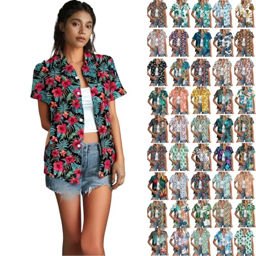 Women's Hawaiian Shirts Summer Plus Size Beach Shirt Short Sleeve Button Up Tops Cool Floral Tropical Printed Blouses