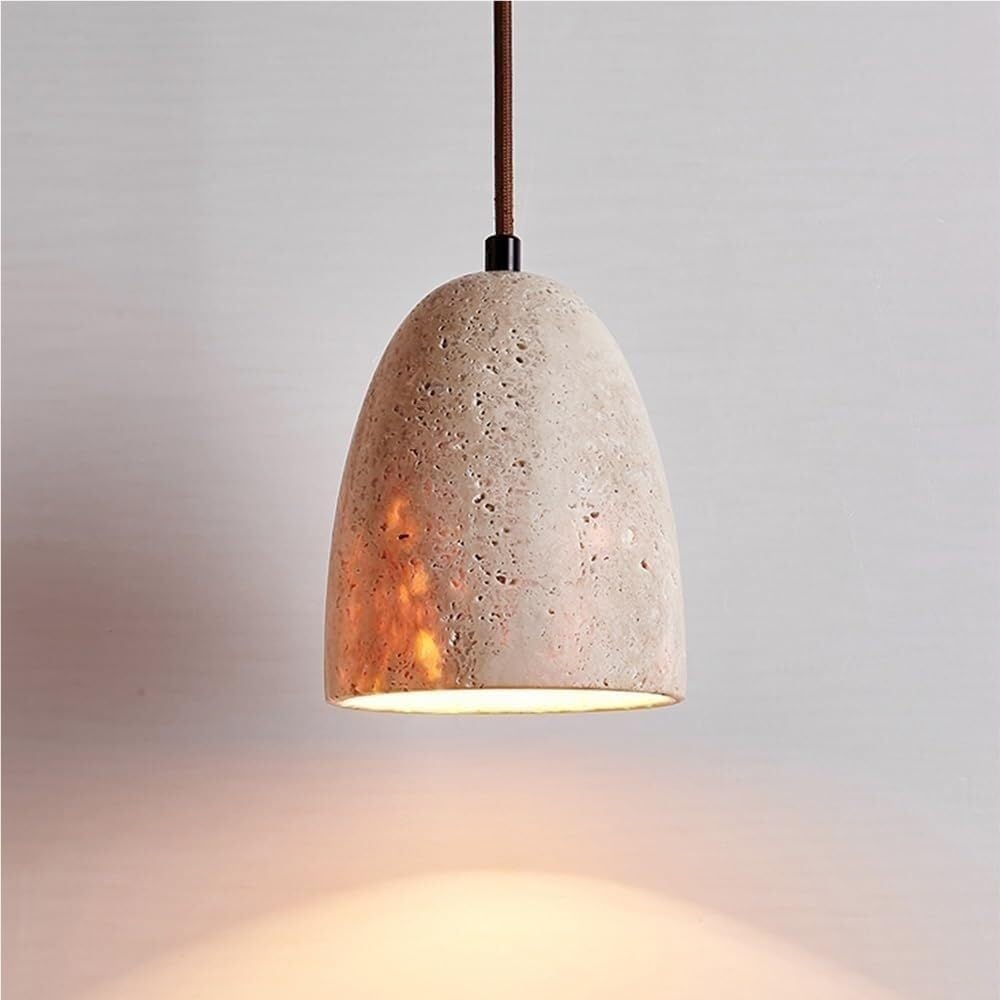 KXEcoLife Modern Yellow Travertine Stone Pendant Light with Wood Accent Porous Textured Shade Ceiling Hanging Lamp Fixture for Kitchen Island Dining Room Decor