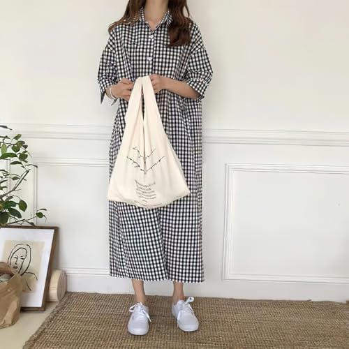 chouyatou Women's Summer Casual Short Sleeve Cotton Gingham Dress Plaid Midi Long Shirt Dress3