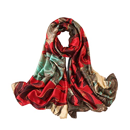 Schal aus 100 % Seide - modische große Damen-Sonnenschutz-Tücher - leichtes Blumenmuster Satin für Kopftuch und Hals, Lotusrot, Large Cover