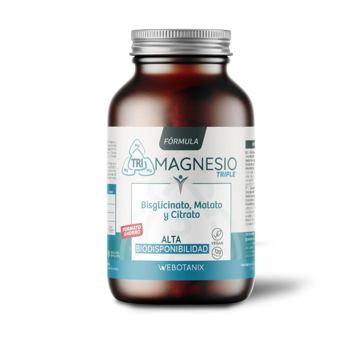 WeBotanix | Fórmula Triple Magnesio | Bisglicinato, Dimagnesio Malato y Citrato de Magnesio y Vitamina B6 | Con Vitamina B6 para Energía, Bienestar y Salud Muscular | Vegano (120 Cápsulas)