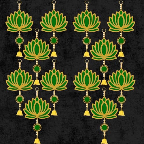 Image of ARLICORPING Wooden Lotus Wall Hanging for Festive Decoration - Diwali, Ganpati, Pooja Room, Mandir, Living Room, Door, Hall, Entrance, Spiritual Decor (Lotus + Bell-Green, Pack of 12)
