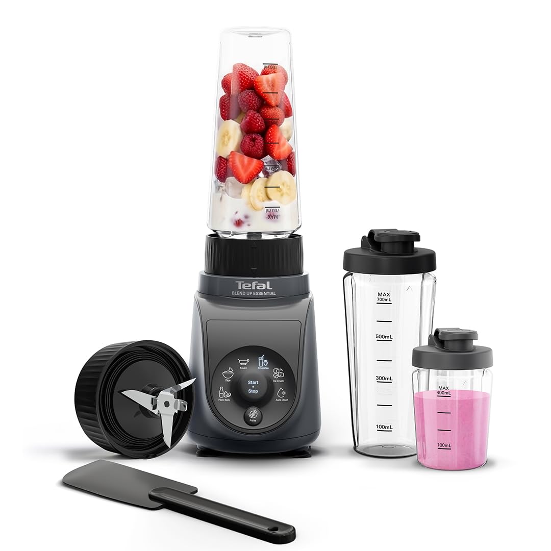 Tefal Blend Up One Mini Blender, 800W Powerful Motor & 4 Powerlix Blades, 6 Auto Programmes, Auto Cleaning, 2 Bottles 0.6L & 0.4L BPA-Free Tritan, On-the-go Leakproof Cup, Grey - BL1EJBG0