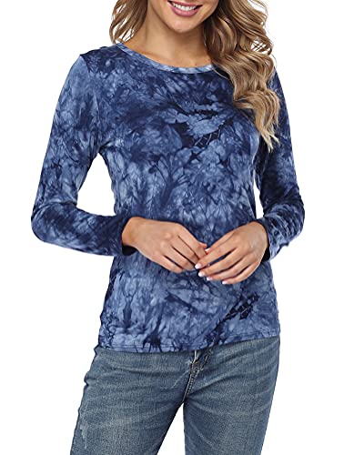 Fuinloth Women's Basic Long Sleeve T Shirts, Crewneck Slim Fit Spandex Tops, Plain Layer Underscrub Tees Tie Dyed Blue Medium #TOP5