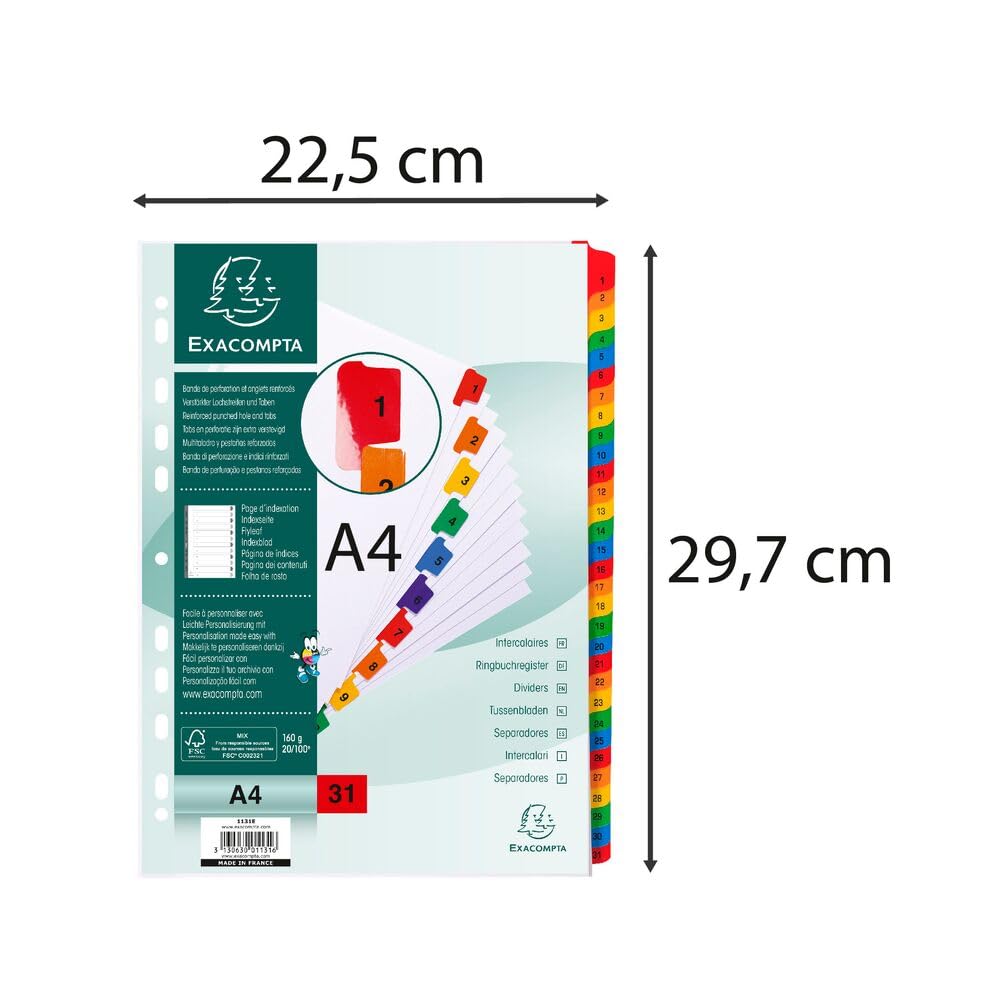 Exacompta - Nr ref. 1131E - Karton 10 przekładek z białej karty 160g/m2 FSC® z 31 cyfrowymi zakładkami drukowanymi od 1 do 31 kolorów - Strona indeksacyjna do druku - Do formatu A4 -Dim 22,5x29,7cm