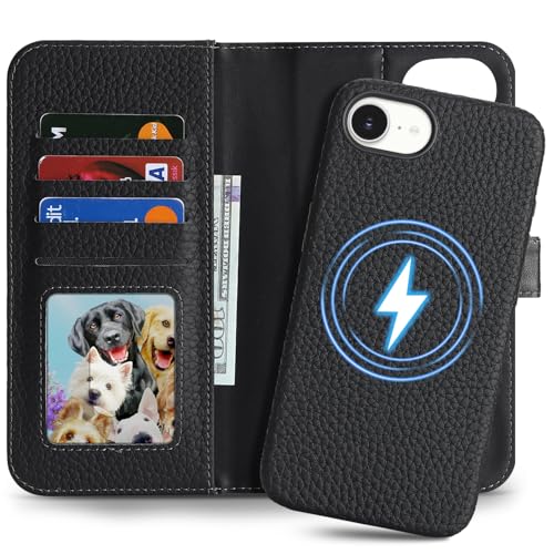 Image of Detachable Genuine Leather Case for iPhone 16e / iPhone 17e Wallet Case Magnetic 2in1 Removable Flip Cover Book Purse Compatible with Magsafe Charging Kickstand Card Holder-Black