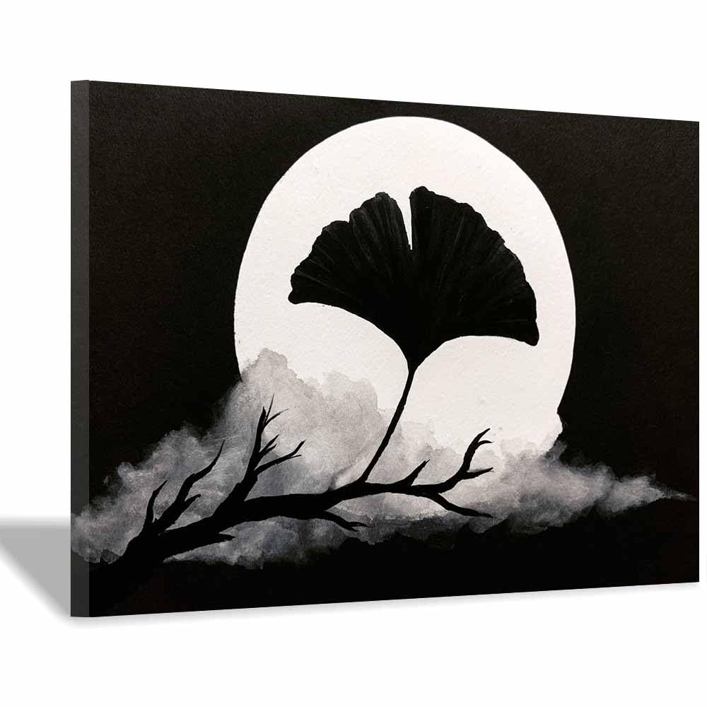 HOQIU Black And White Pictures Moon Ginkgo Silhouette canvas wall art, decorative paintings, for Bedroom Living Room Bathroom Office Home Decoration(Multicolor)-40x60cm Framed
