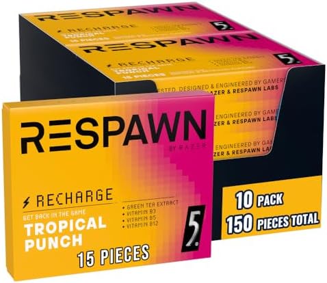 RESPAWN BY RAZER Chewing Gum, Recharge, Tropical Punch, Sugar-Free, 10 Pack
