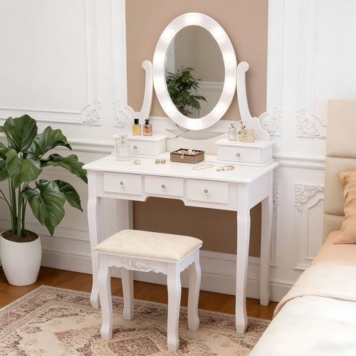 Garvee Girls Vanity Desk Set with Lights, Small Makeup Table with Cushioned Stool, 360° Rotatable Oval Mirror, Adjustable Brightness, 5 Drawers, Dres