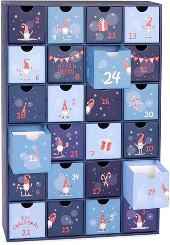 BRUBAKER Calendario de Adviento para Rellenar - Gnomos Azules - Calendario de Navidad DIY con 24 Puertas para Vales, Dulces y Otras Sorpresas - 39 cm de Altura de CartóN