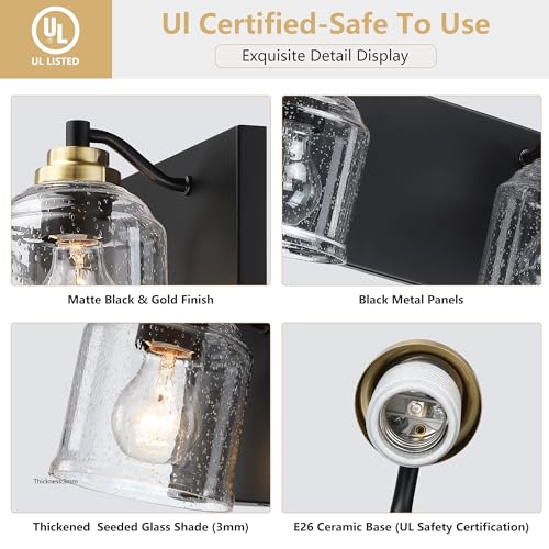 Image of Vanity Lights for Bathroom Large 23 inch, Farmhouse Rustic Vanity Light with Bubble Glass Shades, Black and Gold 3 Light Bathroom Lighting Fixtures Over Mirror, Bath Wall Sconce Home Decor