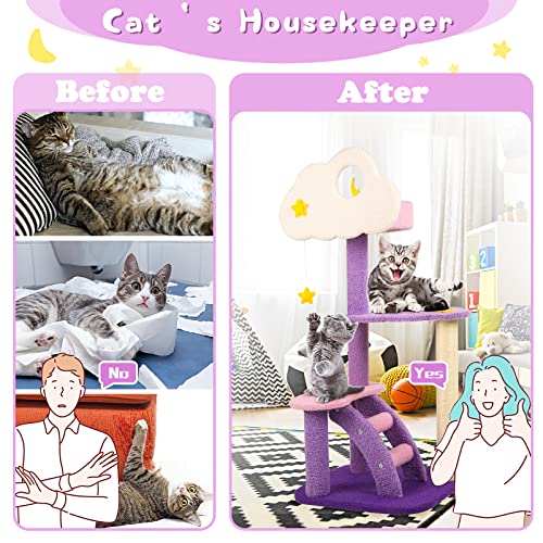 Calmbee Cat Tree Cat Tower Cat Scratching Post, 42.5 Inches Purple Cute Cat Tree For Indoor Cats, Natural Sisal Cat Climbing Activity Trees With Hammock & Stairs For Cats Kittens Pets Small Cat #TOP5