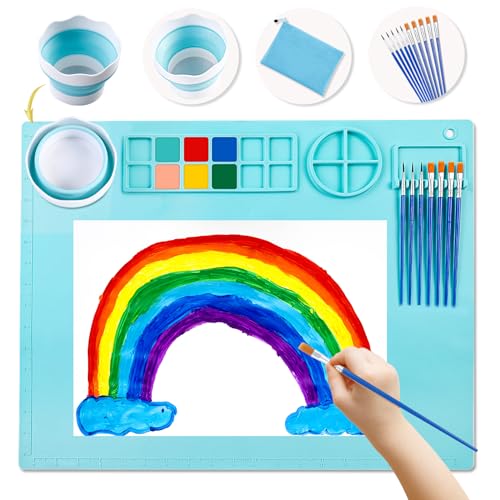 DIYDEC Silicone Craft Mat 20X16 Inch Large Silicone Art mat with Detachable Cup Painting Mat with 10 Painting Brushes Silicone Drawing Mat Sheets for Kids Adult DIY Accessories (Blue)