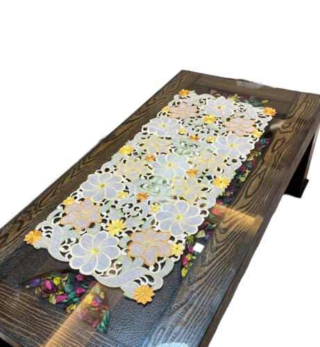 Image of MONKDECOR Tissue Embroidery 022 Centre Table Runner (Size- 16x33 Inches)- Yellow