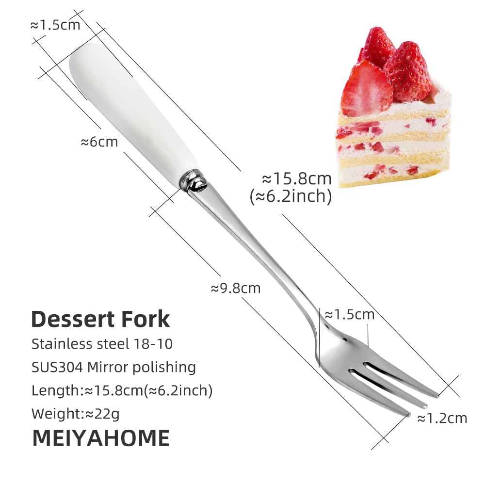 MEIYAHOME Fine Dessert Forks 18-10 Stainless Steel Fruit Fork(Creative White Ceramic Handle) Tasting Forks, 3-Tine Forks, sus304 6inch (8 Pcs)
