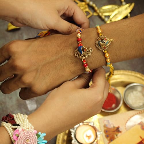 Image of TIED RIBBONS Rakhi for Brother - Set of 2 Premium Rudraksha Trishul Bracelet Rakhi for Brother Bhaiya Kids Boys Men with Greeting Card and Roil Chawal Tika