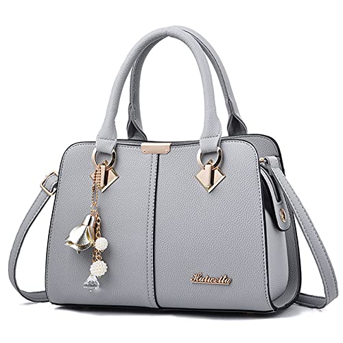 FANDARE Elégant Sac à Main Femme Sacs à bandoulière Sacs à Dos porté Travers Voyage Sac Cabas Shopper Sacoches Messenger Besace Pochette Impermeable PU Cuir Gris A