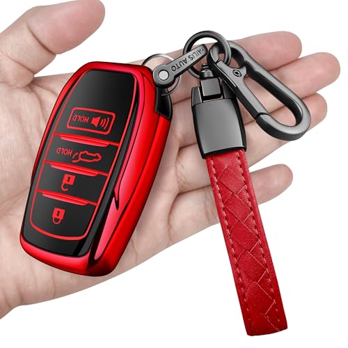 Sindeda for Toyota Key Fob Cover with Metal Keychain & Leather Strap for 2025-2026 Camry 4 Runner 2019-2026 Venza Land Cruiser 2023-2026 Tacoma Grand Highlander Corolla bZ4X 4-5 Buttons(Red)