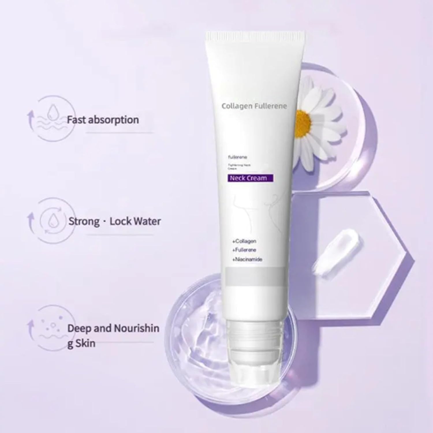 Magic Collagen Fullerene Neck Cream, Tighten and Lift Firming Neck Cream for Crepey Skin, Collagen Neck Cream with Five Rollers, Reduces Wrinkles and Double Chin (3 pcs)