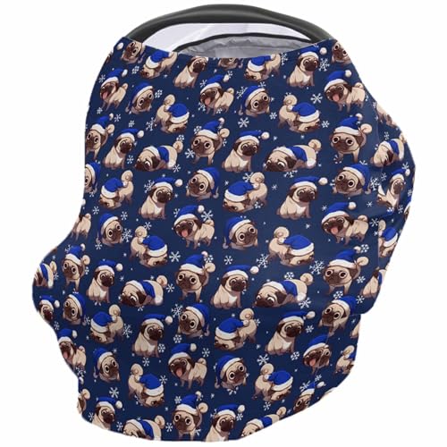 Nursing Cover for Breastfeeding Scarf, Merry Christmas Snowflake Dogs Santa Hat Blue Baby Car Covers Super Soft Multi Use for Canopy Shopping Cart Cover Blanket Stroller Cover