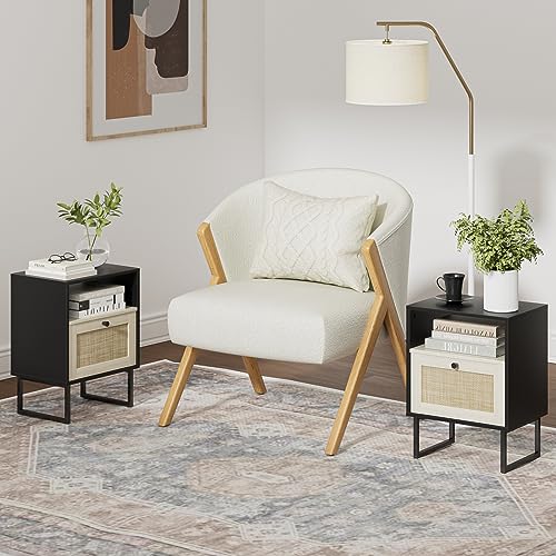 Image of Masupu Boho Night Stand, Small Rattan Side Table, Wood Nightstand with Drawer and White Oak Shelf, Bedside Table, End Table for Bedroom,Living Room,Office (Black Frame)