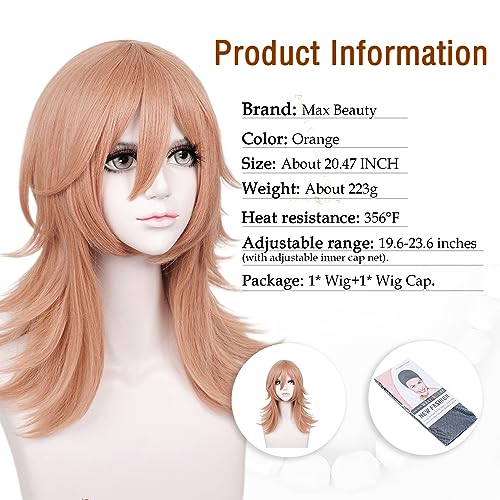 Image of LABEAUT Anime Orange Wig for Women - Long Curly Cosplay With Bangs for Halloween Party + Cap
