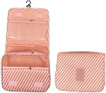 Hanging Toiletry Bag, Waterproof Oxford Cloth Cosmetic with Handle, Portable Travel Makeup Pouch, Large Capacity Wash Bag for Travel, Cruise, Vacation, Pink Striped